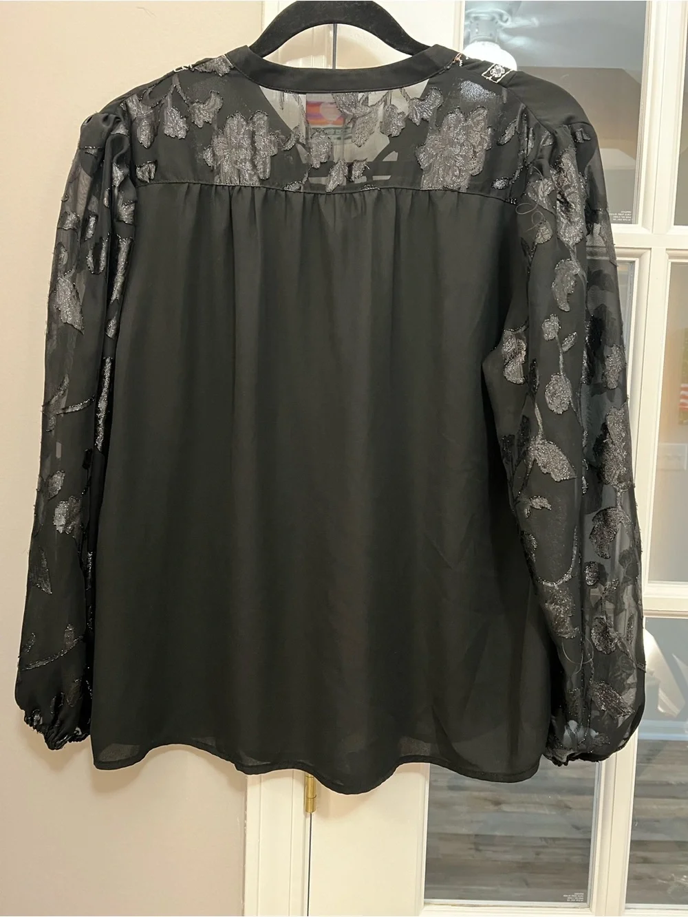 Black Embroidered Peasant Blouse with Beaded Tie and sheer jacquard sleeves M